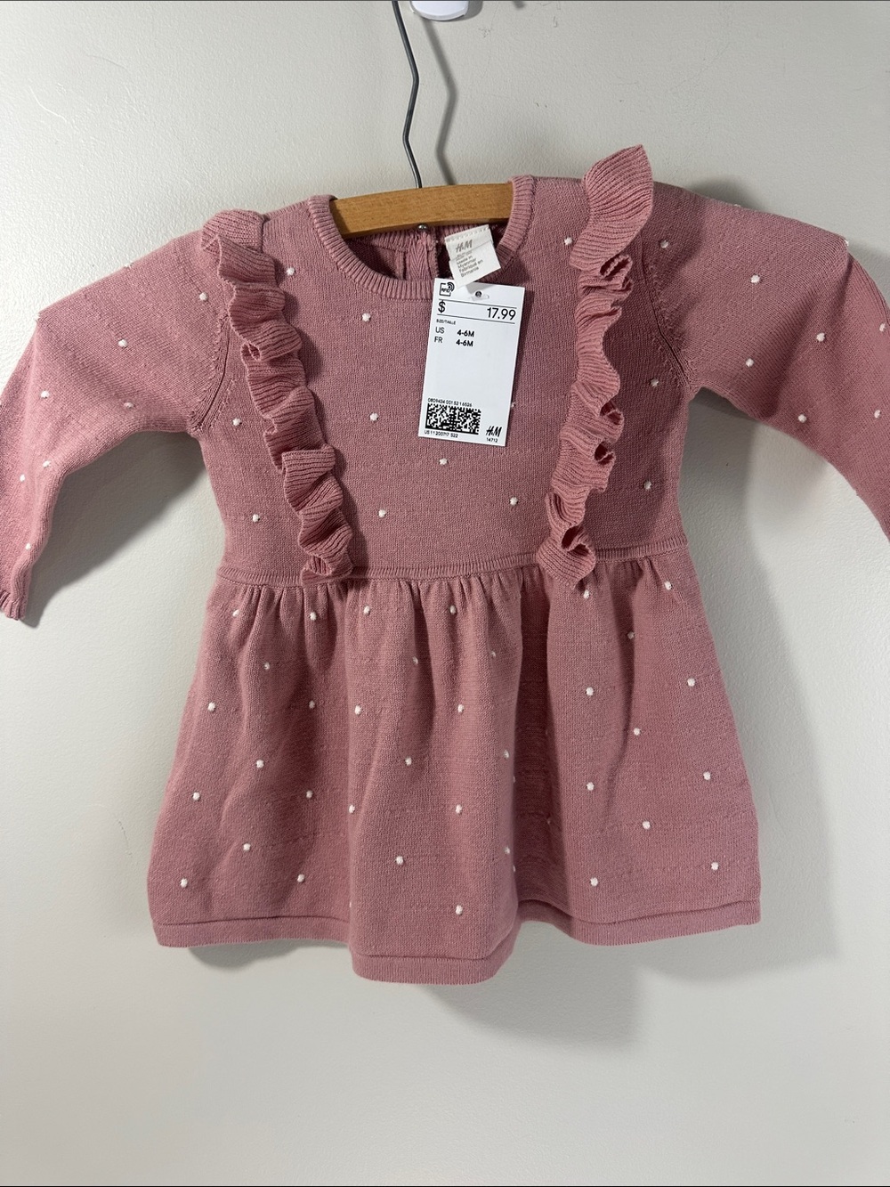 NWT H&M Dusty Rose Knit Baby polka dot Dress with Ruffle Accents 4-6 months - Picture 4 of 5